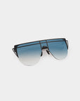 A pair of Alien sunglasses by For Art's Sake® with a black metal frame and gradient blue lenses. The design features a unique double bridge, minimal side arms, and offers UV protection, creating a modern and edgy look.