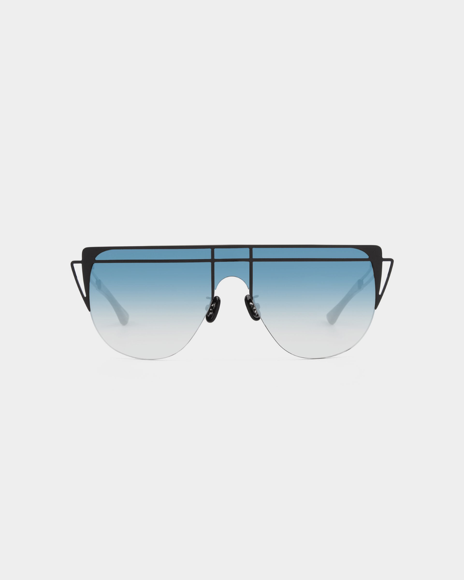 A pair of **Alien** sunglasses by **For Art&#39;s Sake®** with gradient blue tint lenses and a thin black frame. The design features a straight top bar and minimalist, sleek lines, giving them a modern and trendy appearance. The nose pads are adjustable for a comfortable fit, offering UV protection.