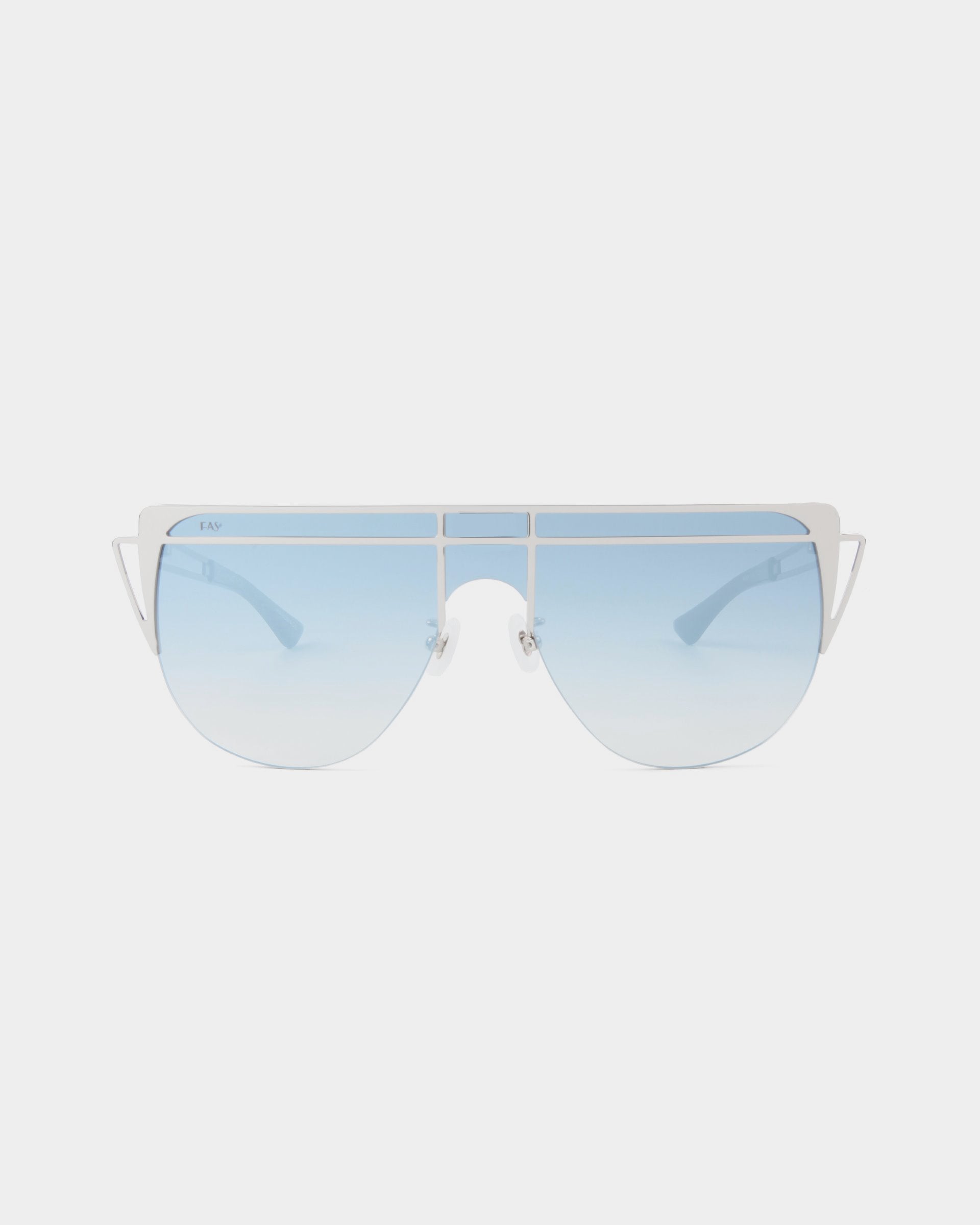 A pair of avant-garde aviator-style sunglasses with a thin, white metal frame and gradient blue lenses. The temples are slim, featuring a double bridge at the nose area. They offer 100% UV protection. These are the Alien by For Art's Sake®. The background is plain white.