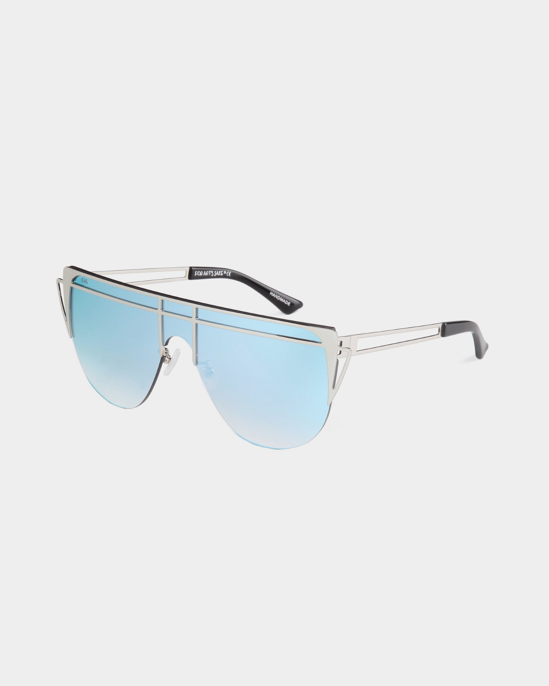 Sleek silver-framed sunglasses featuring blue-tinted, semi-transparent lenses. The design is modern with a double bridge and thin metal arms, offering a stylish and futuristic look. These avant-garde Alien sunglasses by For Art&#39;s Sake® provide 100% UV protection, blending contemporary flair with essential eye safety.