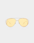 A pair of stylish For Art's Sake® Dark Eyes sunglasses with thin, stainless steel frames and yellow-tinted, nylon lenses. The design features a double bridge and sleek, minimalistic arms. Offering 100% UV protection, these sunglasses are set against a plain, white background.