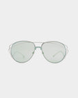A pair of For Art's Sake® Dark Eyes aviator sunglasses with stainless steel frames and light green nylon lenses, featuring a unique double-layered design on the sides. The sunglasses offer 100% UV protection and are shown against a plain white background.