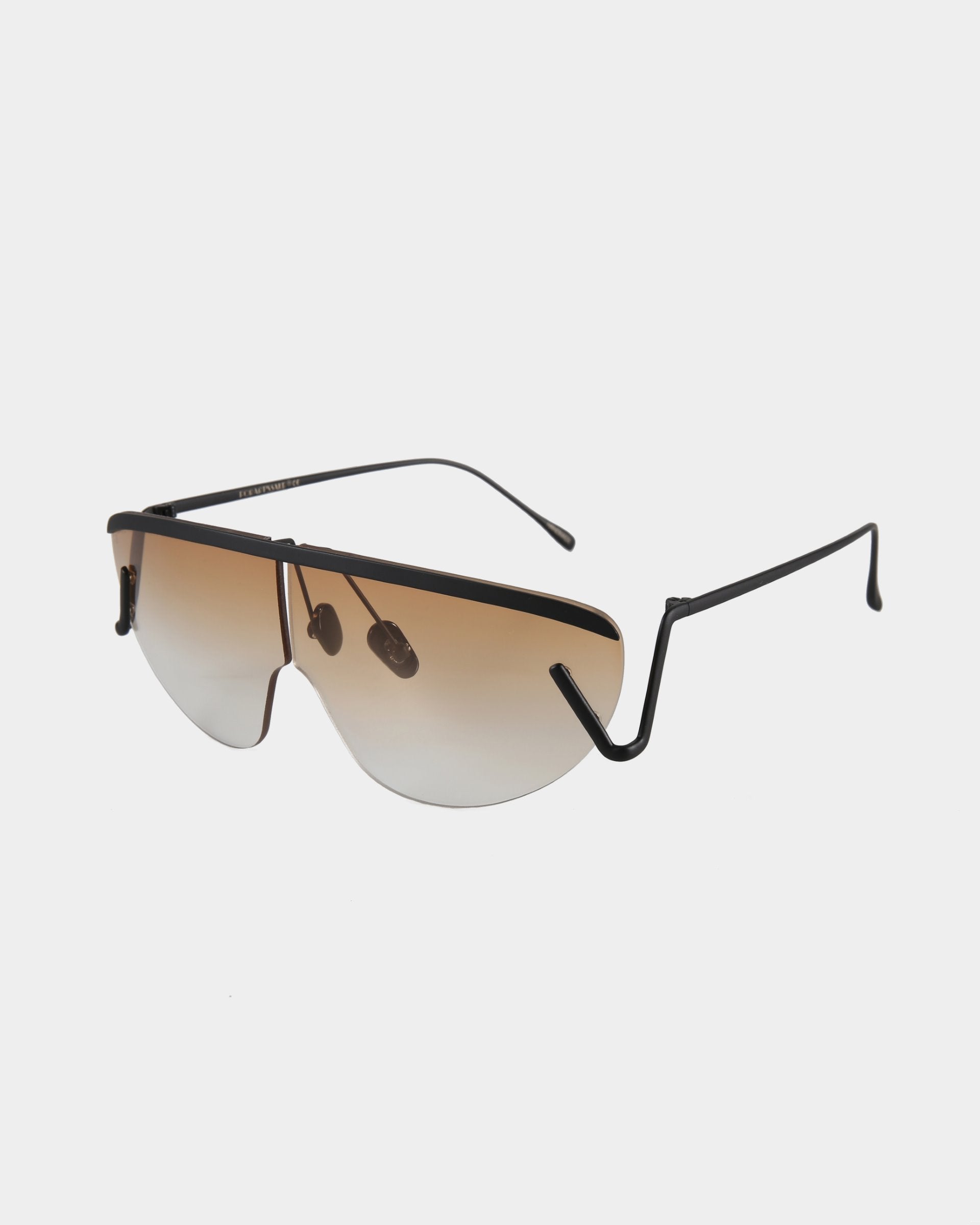 A pair of stylish aviator For Art's Sake® Air sunglasses featuring UV-protected gradient brown lenses and sleek black metal frames. The sunglasses boast a thin nose bridge, adjustable nose pads, and unique, angular temples for a modern look.