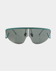 A pair of futuristic, UV-protected rectangular sunglasses with green-tinted lenses and slim, teal-colored metal frames. The temples and nose pads are also teal, giving the ultralightweight For Art's Sake® Air Green sunglasses a sleek and modern appearance. The background is plain white.