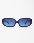 A pair of For Art's Sake® Bolt rectangular sunglasses with dark blue handmade acetate frames and blue-tinted, shatter-resistant nylon lenses, displayed against a white background.