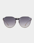 A pair of stylish For Art's Sake® Error 404 sunglasses with a black frame and gradient gray-tinted nylon lenses, offering UV protection. The design includes small metallic triangular details on the upper corners of the lenses. The sunglasses have thin, light brown arms with elegant 18-karat gold plating. The background is plain white.