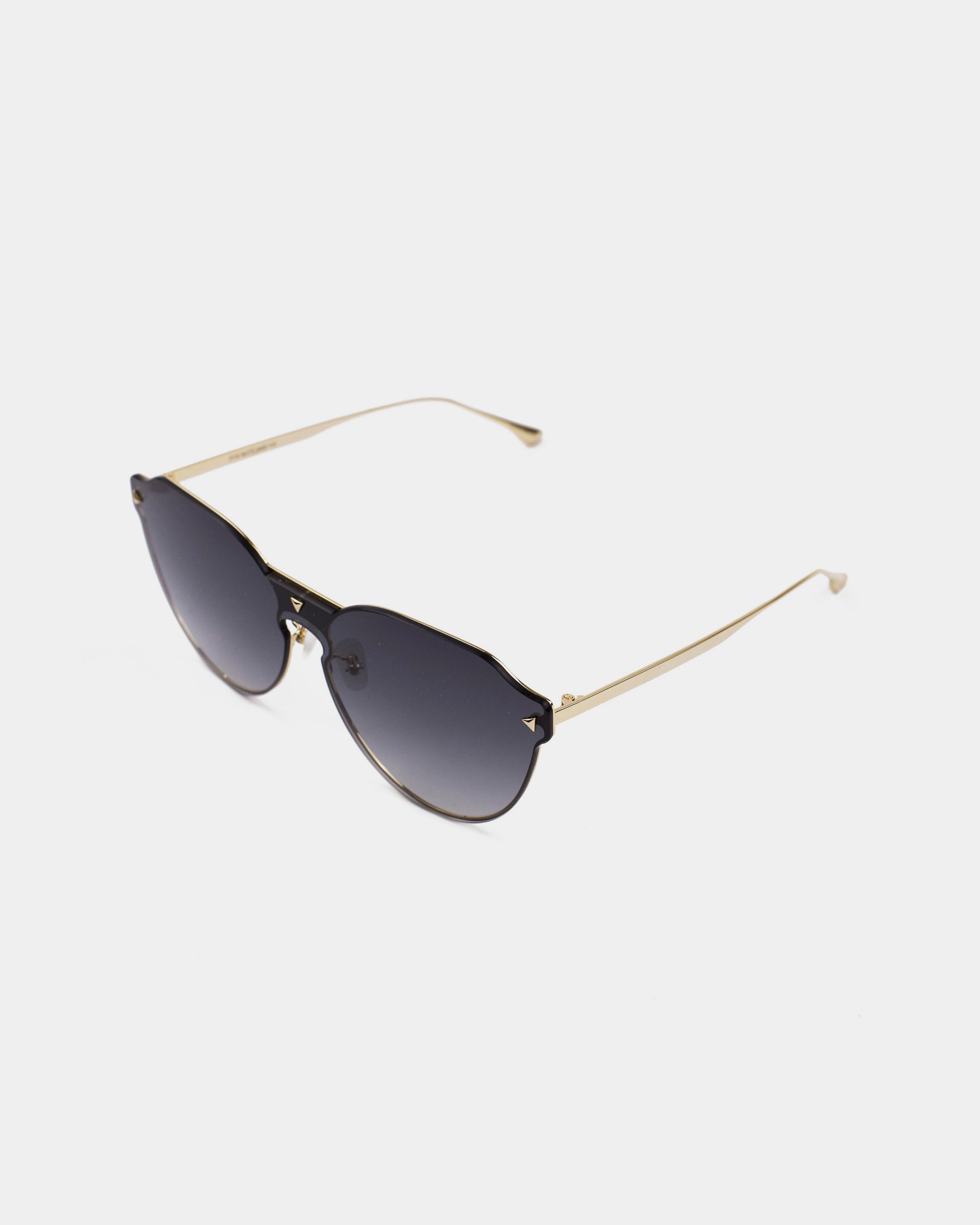 A pair of stylish sunglasses with black round nylon lenses offering UV protection, and thin, 18-karat gold-plated frames, angled slightly. The background is plain white, highlighting the sleek design and minimalist aesthetic of the Error 404 by For Art&#39;s Sake®.