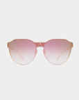 A pair of stylish **Error 404** sunglasses with a light peach frame and round gradient lenses that fade from pink at the top to light pink at the bottom. Featuring 18-karat gold plating, the bridge is subtle, and the arms are thin and elegant, matching the peach color of the frame. These exquisite sunglasses are crafted by **For Art's Sake®**.