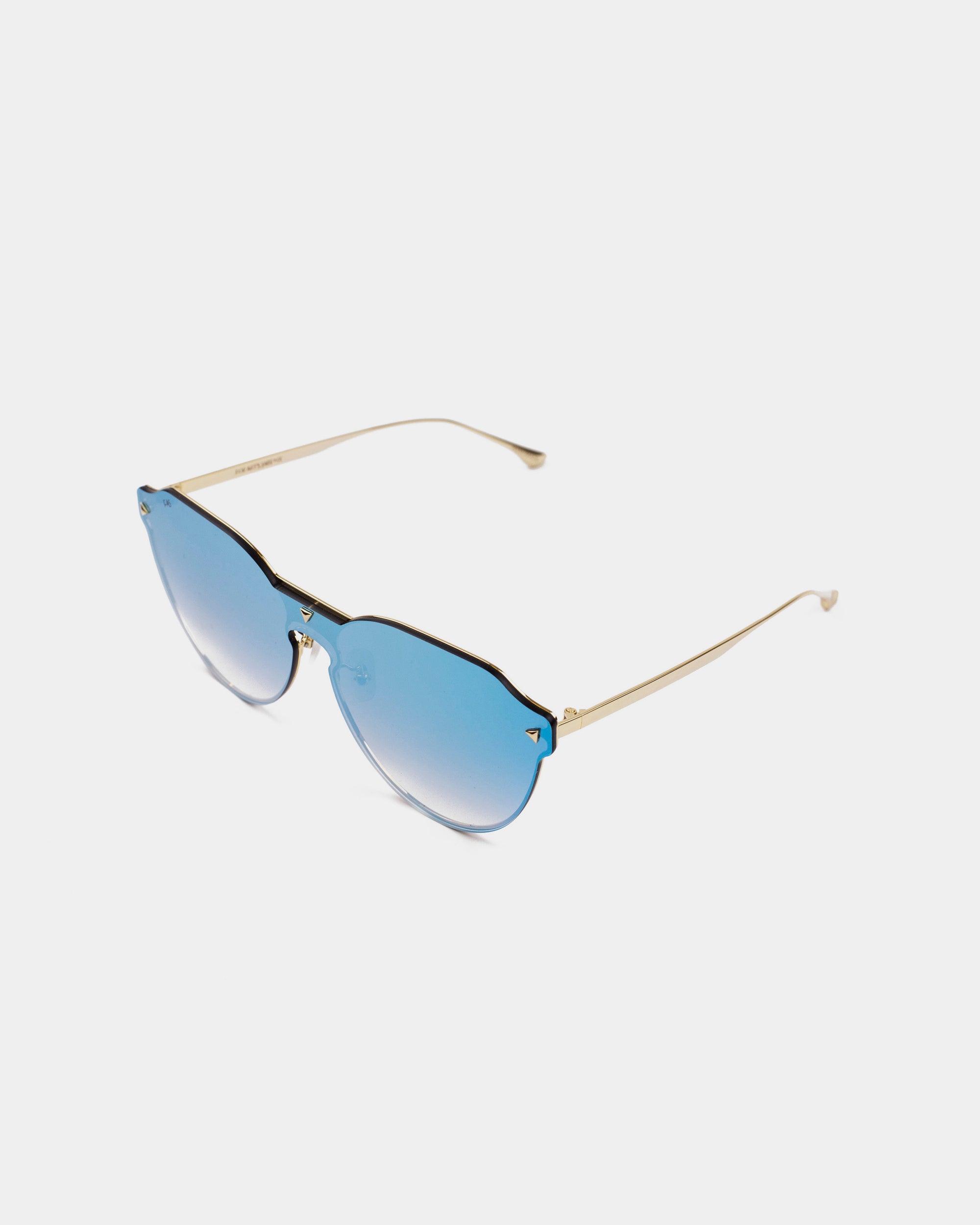 A pair of stylish sunglasses featuring thin gold frames with 18-karat gold plating and blue-tinted lenses. The design is modern and minimalist, with a sleek and lightweight appearance. The nylon lenses offer UV protection, ensuring both style and functionality. The background is plain white. These are the Error 404 by For Art&#39;s Sake®.