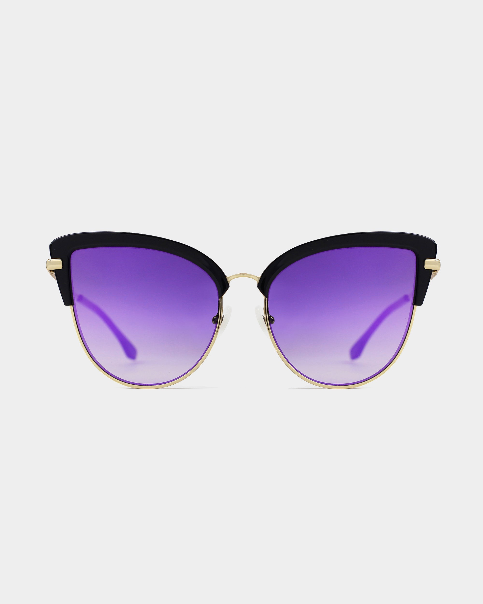 A pair of stylish cat-eye sunglasses featuring nylon gradient purple lenses, black upper rims, and 18-karat gold plating on the nose bridge and temples. The background is plain white, emphasizing the sleek and elegant design of Venus by For Art's Sake®.