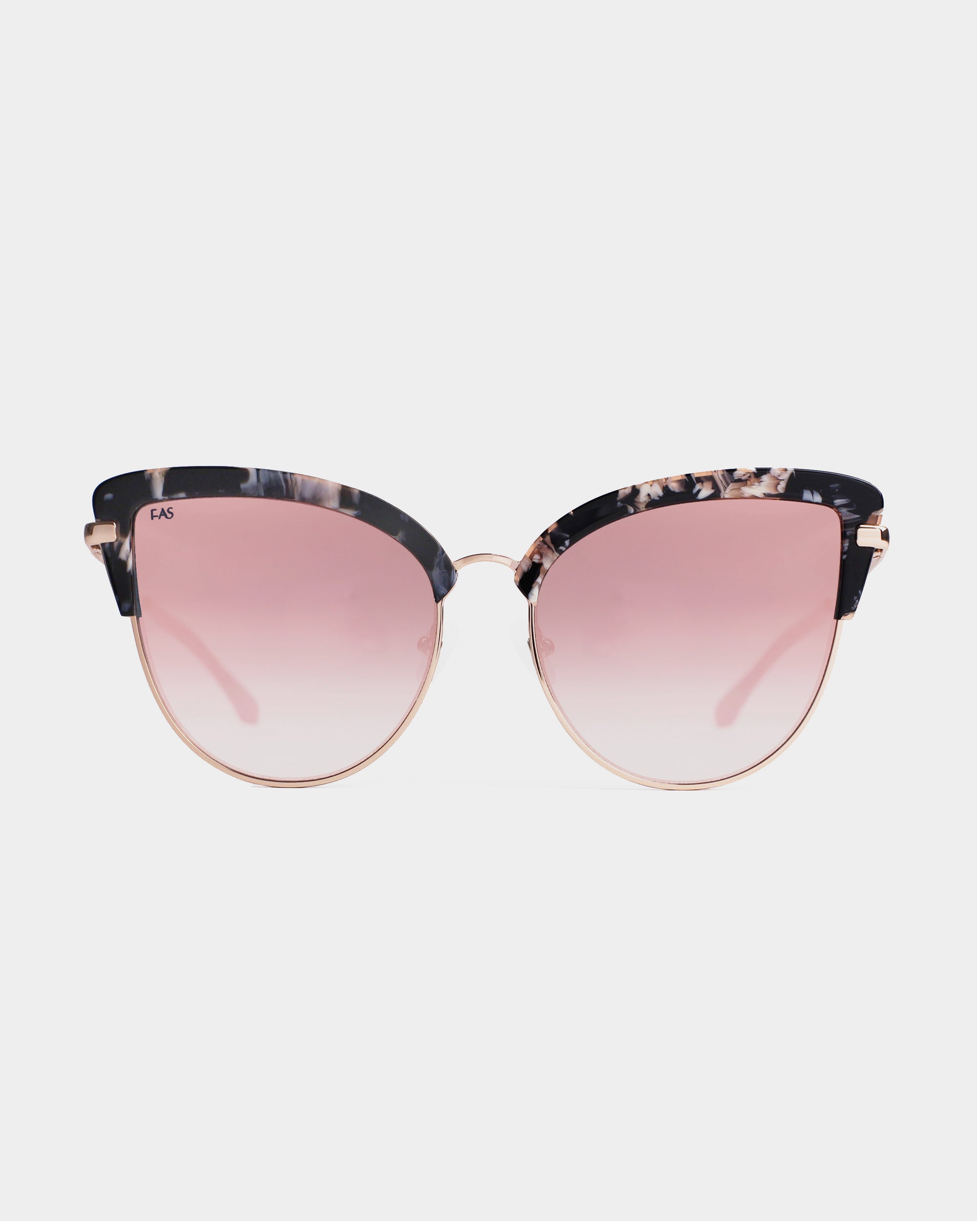 A pair of cat-eye sunglasses with a unique design. The top half of the frame features a black and white marbled pattern, while the lower half and the temples boast 18-karat gold plating. The nylon lenses are pink and gradient from darker at the top to lighter at the bottom. Introducing **Venus by For Art&#39;s Sake®**.