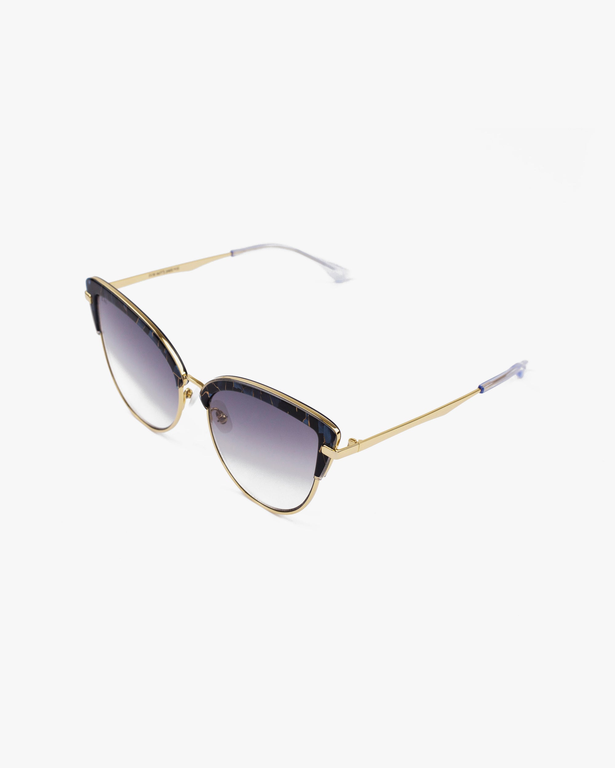 A pair of stylish For Art&#39;s Sake® Venus sunglasses with gradient dark nylon lenses and an 18-karat gold-plated frame. The top part of the frame is black, adding a touch of contrast. The arms are thin and also gold-colored, with black ear tips for comfort.