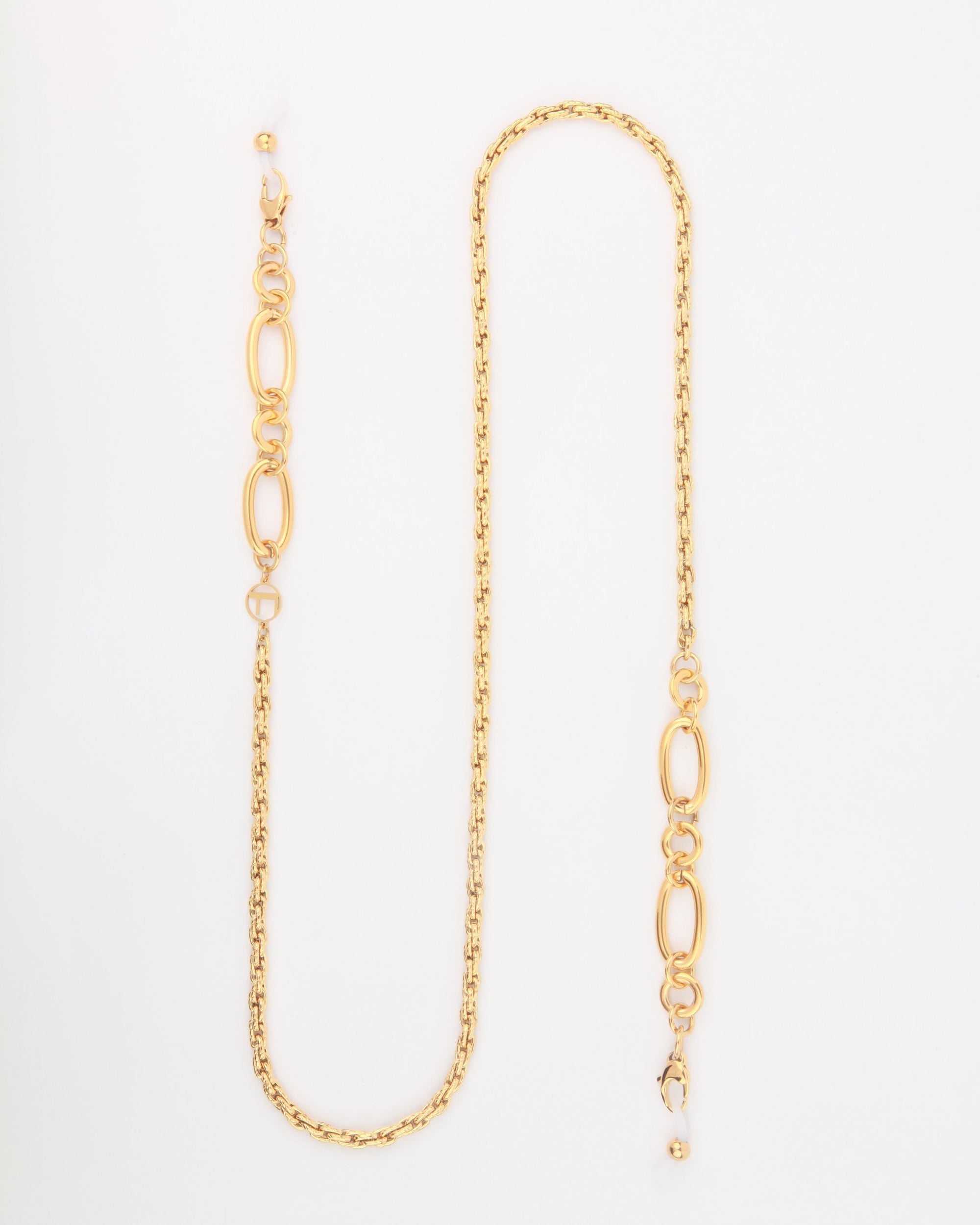 A gold-plating stainless steel chain link necklace with a mix of small and large oval links, featuring delicate pearl accents at each end. The design includes a section of intricate, smaller interlinked chains, creating a sophisticated and elegant appearance on a white background. Introducing the Milan Glasses Chain by For Art's Sake®.