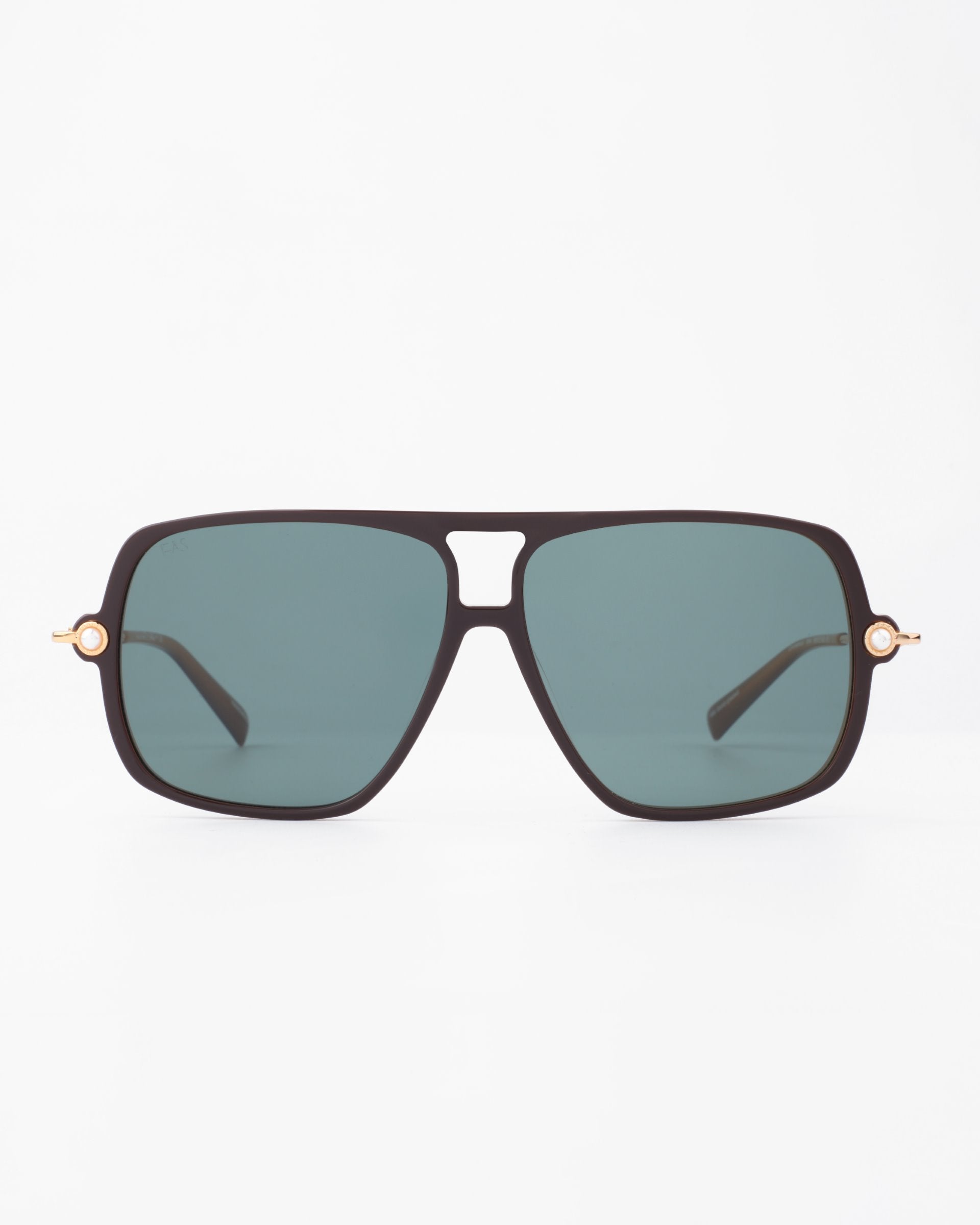 A pair of stylish, large square sunglasses with dark green lenses and a slim black frame. The bridge has a unique double-bar design, and the temples feature small 18-karat gold-plated accents near the hinges. The background is plain white. Introducing Cinnamon by For Art's Sake®.