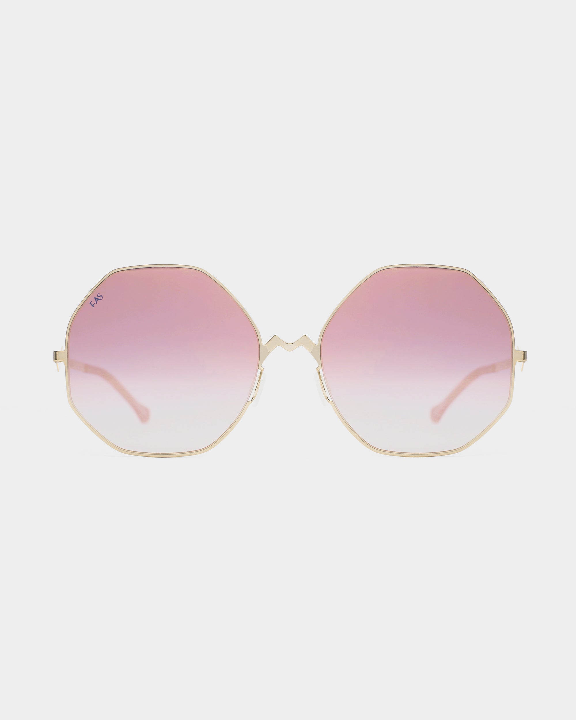 The M8 sunglasses from For Art&#39;s Sake® feature gold-framed, octagonal, amber lenses and thin temple arms on a white background, making them a stylish choice for any occasion.