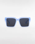 A pair of For Art's Sake® Castle oversized square-shaped sunglasses with light blue frames and ultra-lightweight dark lenses, centered against a plain white background.