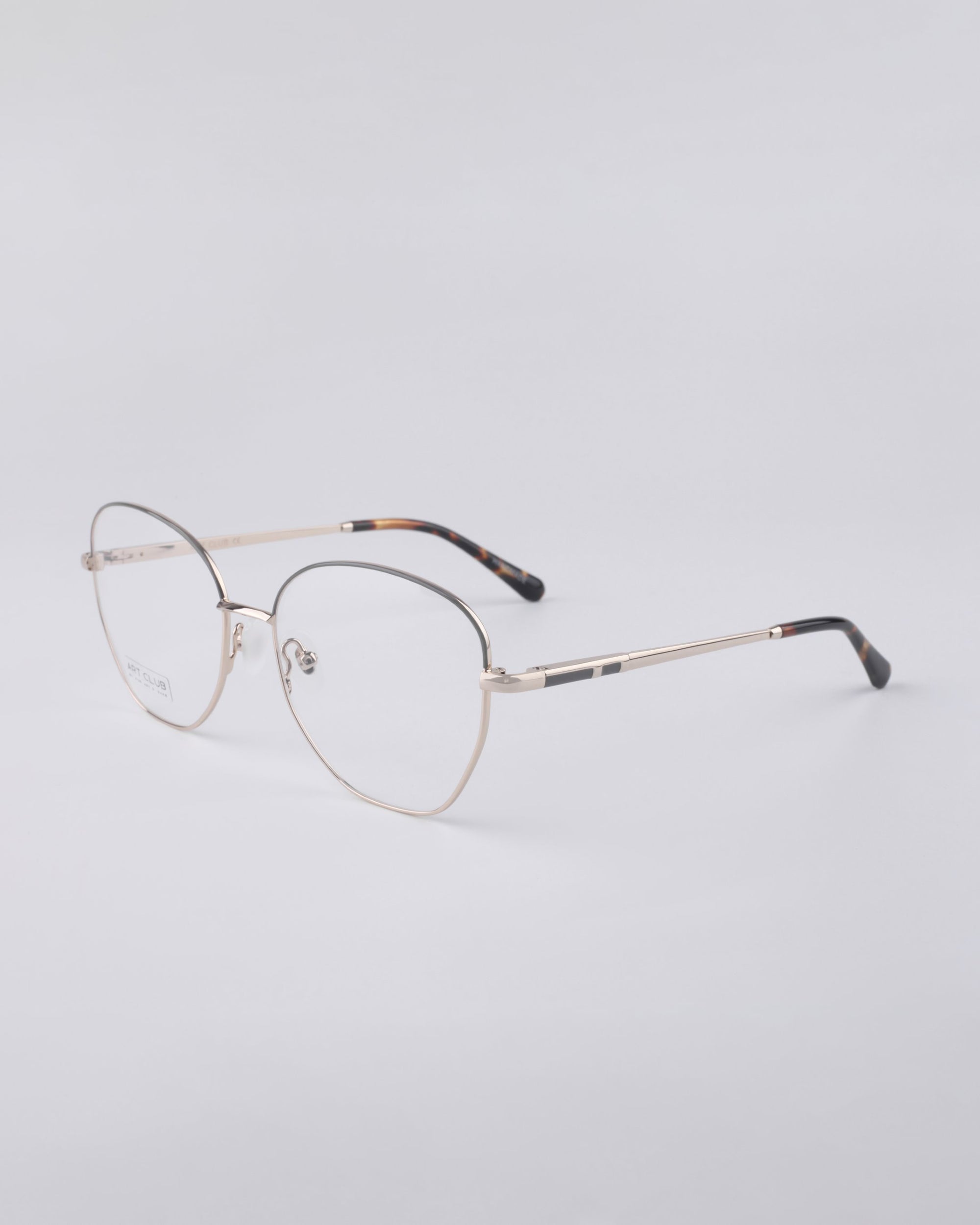 A pair of For Art's Sake® Coco frames with thin, lightweight stainless steel rims and clear blue light filter lenses is showcased against a plain white background. These glasses have a subtle cat-eye shape and are finished with black temple tips.