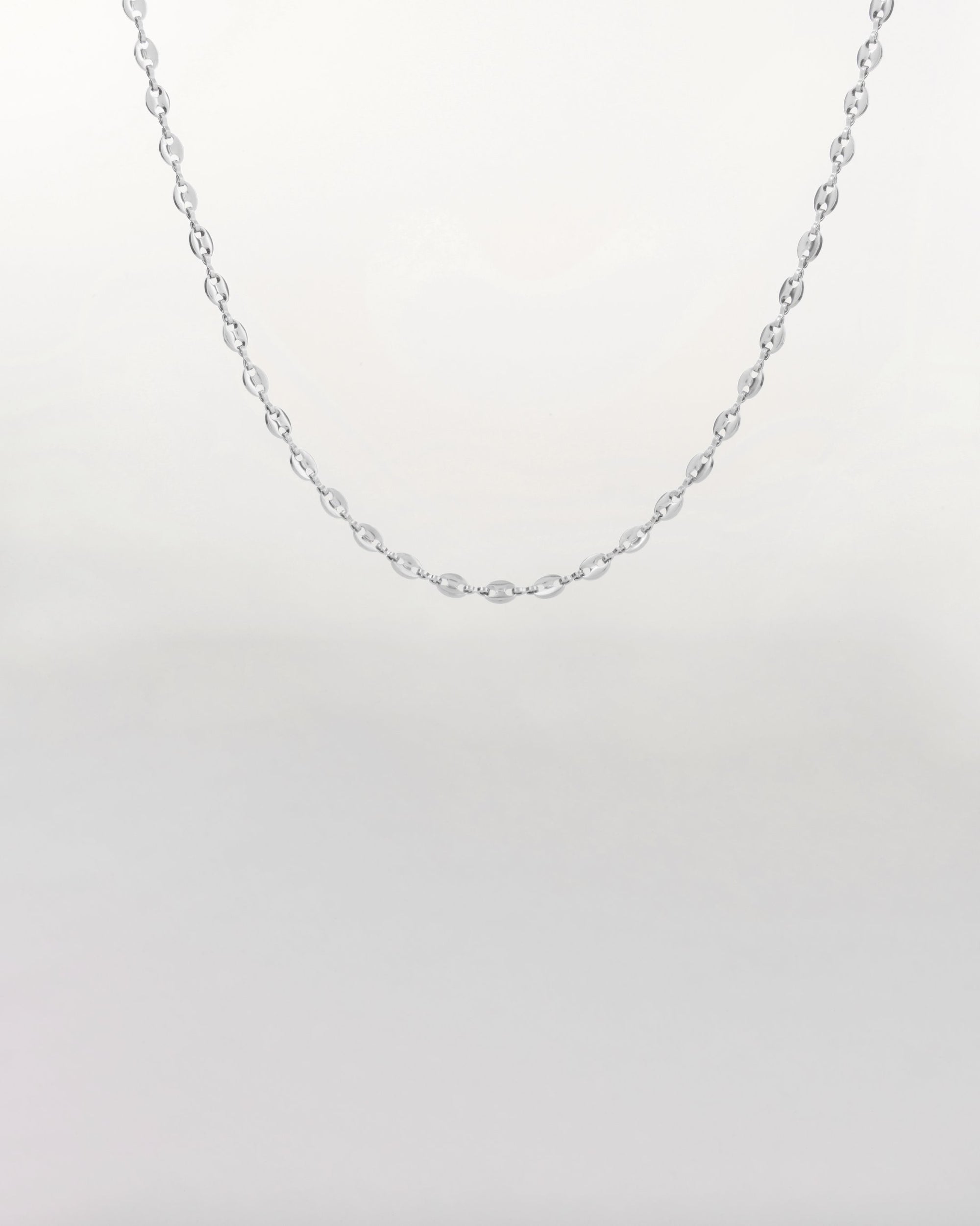 A delicate, thin silver Coral Glasses Chain by For Art's Sake® is displayed against a plain white background. The chain has small, evenly spaced links, creating a minimalist and elegant design, reminiscent of the finesse seen in eyewear chains.