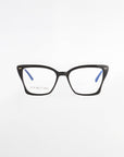 A pair of stylish black cat-eye Dion eyeglasses with thin blue temples and tortoiseshell frames. The lenses are clear and offer UV protection, featuring an engraving "FOR ART'S SAKE®" on the left lens. The glasses are positioned against a plain white background.