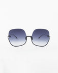 A pair of Duchess by For Art's Sake®: oversized, square-shaped sunglasses featuring thin black frames and gradient blue lenses that fade from dark at the top to lighter at the bottom. The shatter-resistant lenses offer UVA & UVB protection, ensuring both style and safety. The background is plain white.