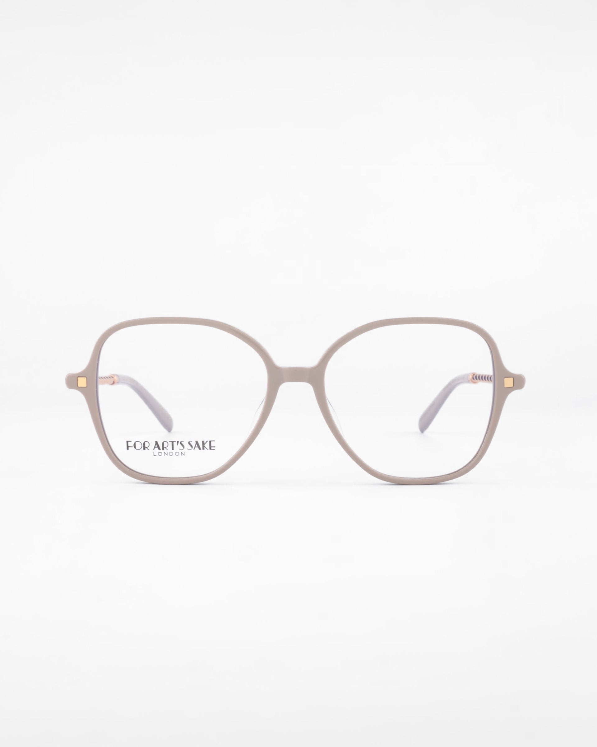 A pair of light grey, oversized eyeglasses with clear lenses set against a white background. These minimalistic eyewear pieces from &quot;For Art&#39;s Sake®&quot; feature the brand name on the left lens and temples in a darker grey shade. They come equipped with blue light filter technology for added comfort.