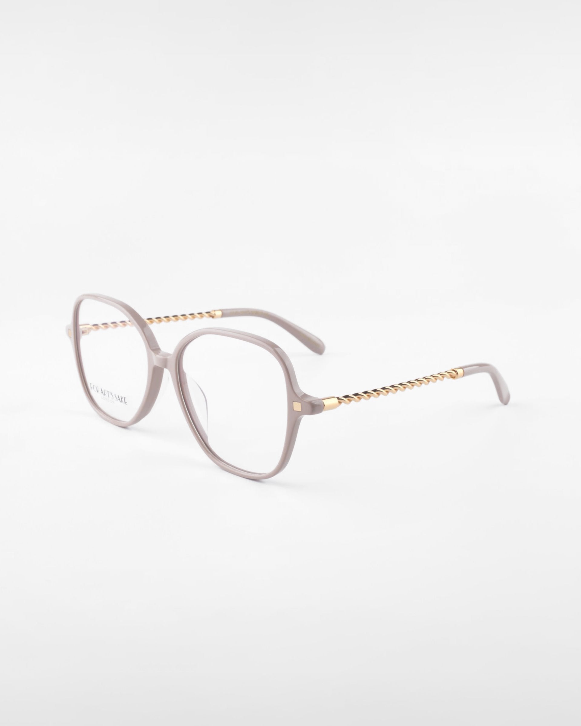 A pair of stylish For Art&#39;s Sake® Dumpling eyeglasses with light pink, rectangular frames and gold detailing on the arms. The temples feature a twisted gold design, adding a touch of elegance. Complete with UV Protection, these glasses are perfect for both fashion and function against harmful rays.