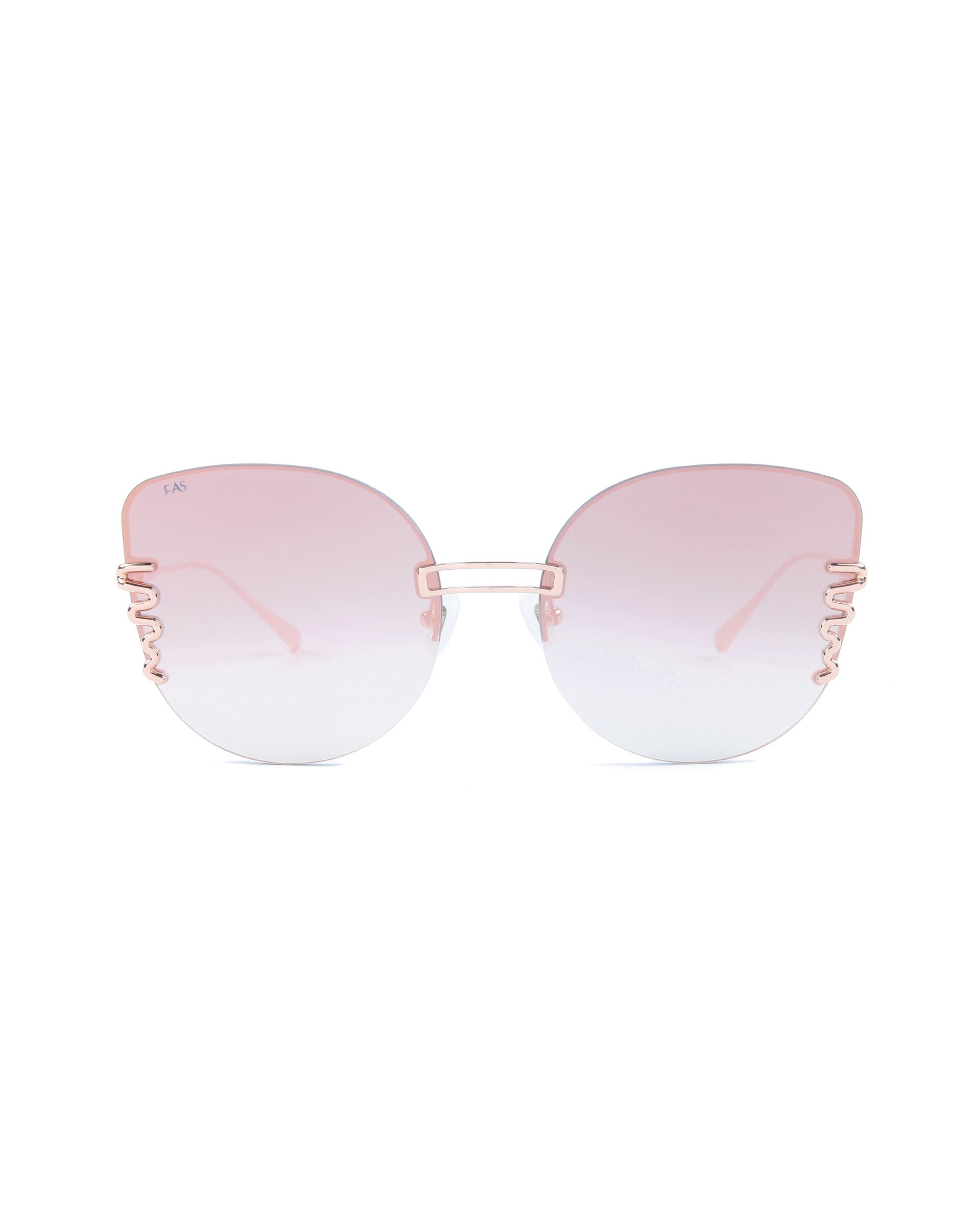 A pair of stylish oversized cat-eye sunglasses with large, round lenses featuring a gradient from pink at the top to translucent at the bottom. The frameless design includes a gold double bridge, delicate gold accents at the temples, and adjustable nosepads for a perfect fit: Girlboss by For Art&#39;s Sake®.