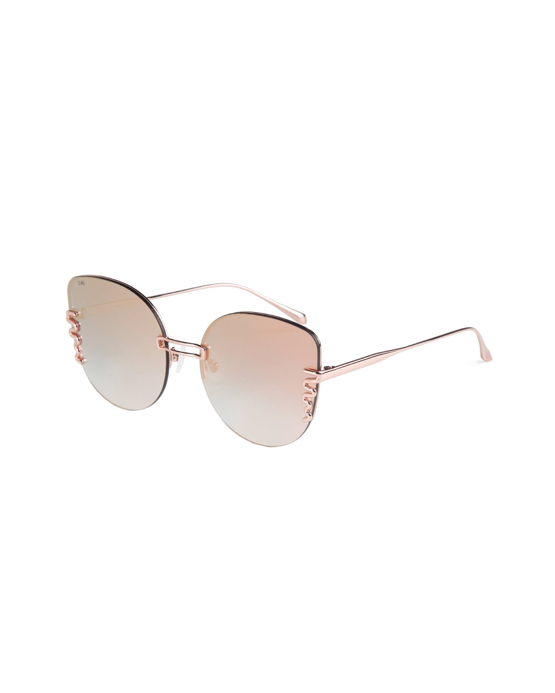 A pair of stylish, oversized cat-eye sunglasses with round, gradient lenses transitioning from light pink to gray. They feature thin, rose gold frames and a unique design on the hinges. The temples are slender with a delicate and modern look. These are the Girlboss by For Art&#39;s Sake®.