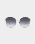 A pair of stylish Alectrona by For Art's Sake® with white frames, rounded lenses featuring a gradient tint from dark gray to lighter gray, and subtly pointed edges at the top corners. These chic shades also boast 18-karat gold-plated accents for an added touch of luxury. The background is plain white.