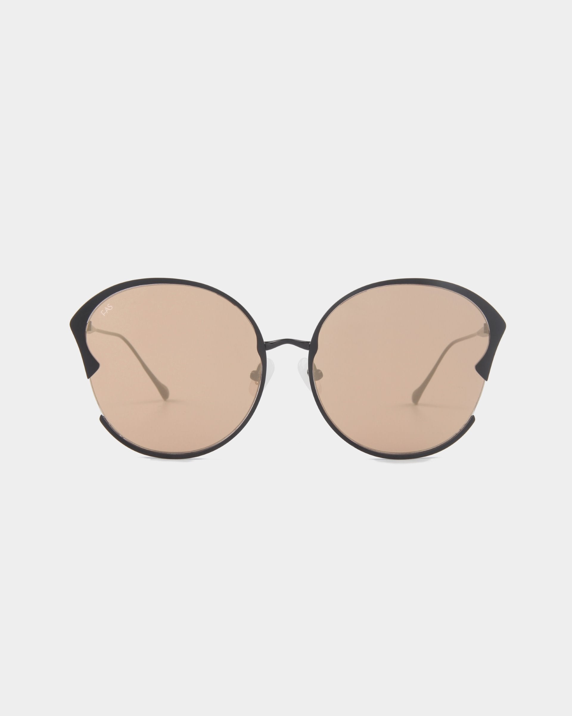 A pair of For Art&#39;s Sake® Alectrona black-framed sunglasses with round, light brown tinted, shatter-resistant lenses on a white background. The frames have a sleek design with thin arms and adjustable jade nose pads.