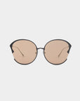 A pair of For Art's Sake® Alectrona black-framed sunglasses with round, light brown tinted, shatter-resistant lenses on a white background. The frames have a sleek design with thin arms and adjustable jade nose pads.
