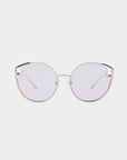 A pair of round, silver-framed eyeglasses from For Art's Sake®'s Cat collection with clear nylon lenses. The frame is thin and minimalist in design, offering a modern, sleek look. Featuring adjustable nose pads for comfort and UVA & UVB protection, the glasses are set against a plain white background.