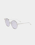 For Art's Sake® presents the Cat, a pair of round, wire-framed sunglasses with thin, silver-toned arms and grey-tinted nylon lenses. Featuring UVA & UVB-protected lenses and a curved bridge, these sunglasses boast a minimalistic design and adjustable nosepads, set against a plain white background.