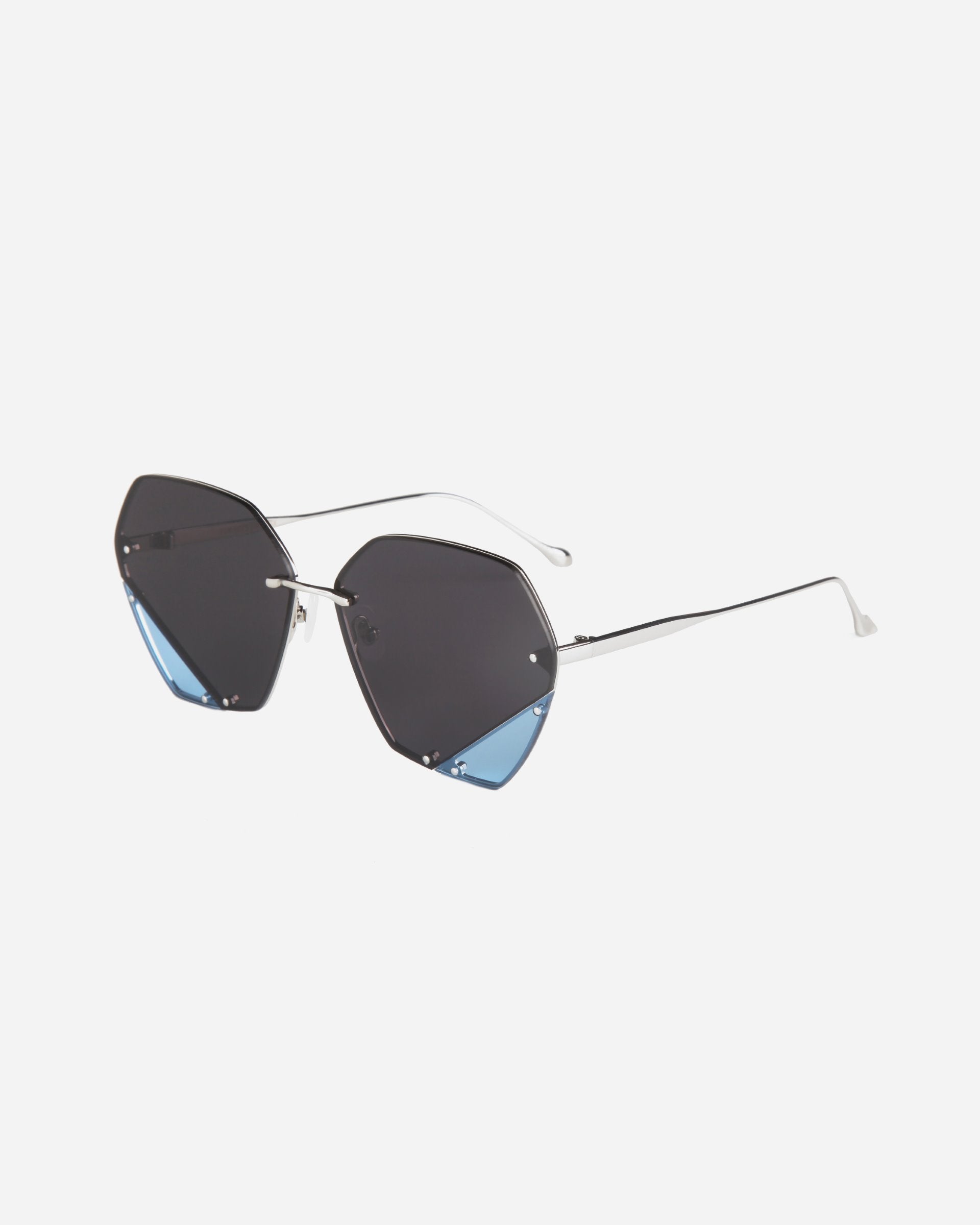 For Art&#39;s Sake® Icy sunglasses with dark lenses and thin silver frames, featuring a unique angular design with slightly pointed corners and geometric lenses. The temples are straight with minimalistic end tips. The lenses offer UV protection and appear dark with a hint of blue at the lower edges.