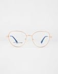 A pair of gold-framed eyeglasses with thin round prescription lenses and blue temple tips. The watermark text "FOR ART'S SAKE" is visible on the left lens. The Frida Floral glasses from For Art's Sake®, fitted with a blue light filter, are set against a plain, light background.