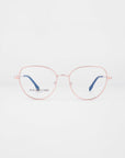 A pair of Frida Floral eyeglasses from For Art's Sake® with pink metal frames and round lenses on a plain white background. The earpieces are slender and slightly curved. Featuring 18-karat gold-plated frames, the words "FOR ART'S SAKE" are visible on the inner side of the right lens.