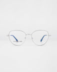 A pair of round, silver-framed Frida Floral eyeglasses with blue temple tips on a white background. The glasses feature thin metal frames and clear prescription lenses. The brand name "For Art's Sake®" is visible on the left lens.