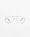 A pair of aviator-style eyeglasses with a thin, gold metal frame and clear lenses is centered against a white background. The left lens bears the engraved text "For Art's Sake®" in gold, offering Genius Two Blue Light Filter for added comfort.