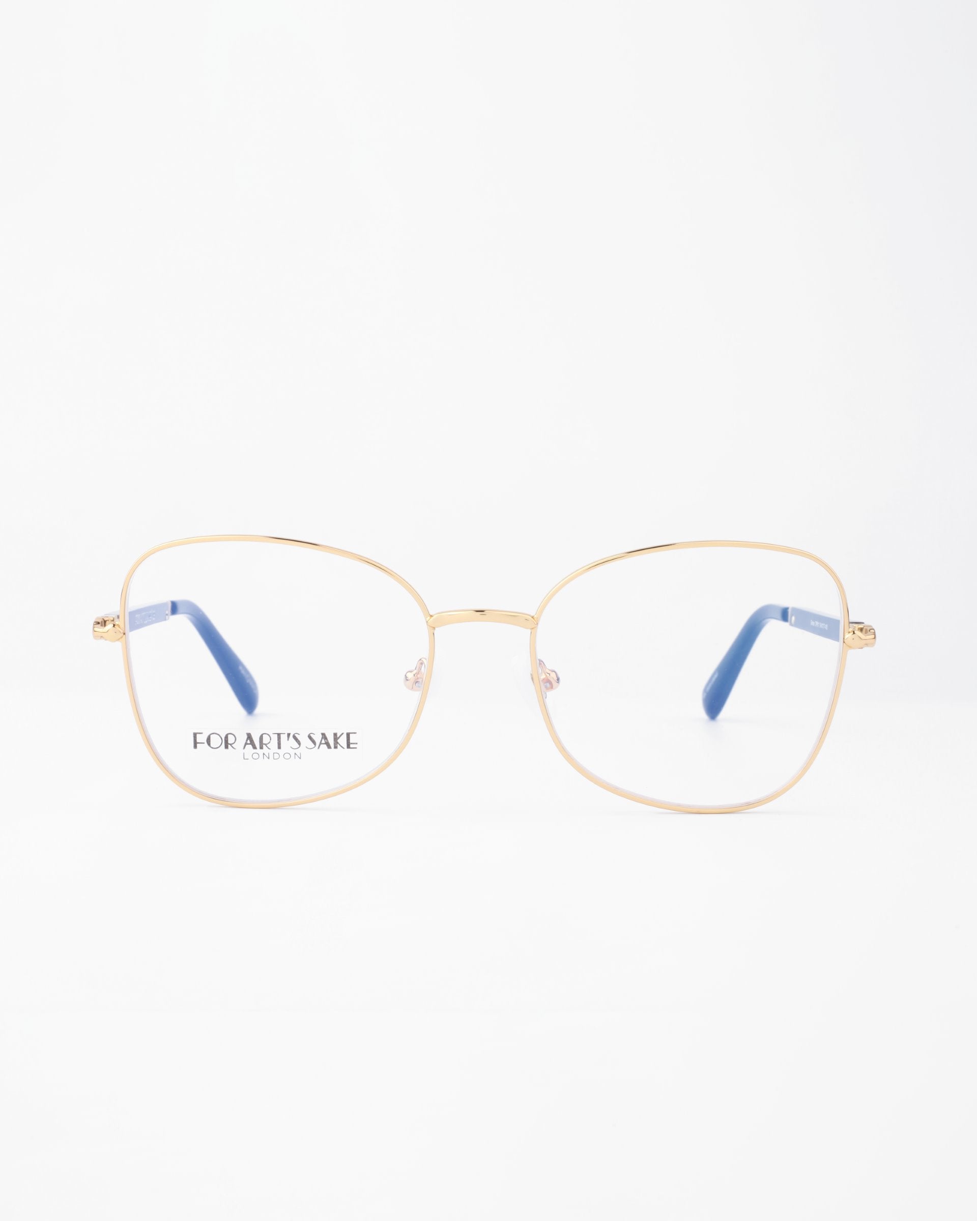 A pair of stylish Grace prescription glasses with thin, 18-karat gold-plated metal frames and square lenses. The temples are blue with &quot;For Art&#39;s Sake®&quot; printed on the left lens. The background is plain white.