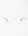 A pair of stylish Grace prescription glasses with thin, 18-karat gold-plated metal frames and square lenses. The temples are blue with "For Art's Sake®" printed on the left lens. The background is plain white.