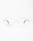 Front view of a pair of gold-framed eyeglasses with square lenses and blue temple tips, set against a plain white background. The 18-karat gold-plated Grace glasses have the brand name "For Art's Sake®" displayed on the left lens.