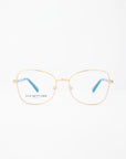 A pair of Grace eyeglasses by For Art's Sake® with thin, 18-karat gold-plated metal frames. The temples are gold with blue tips. The left lens has the phrase "FOR ART'S SAKE" printed on it. The background is plain white, emphasizing the eyeglasses.