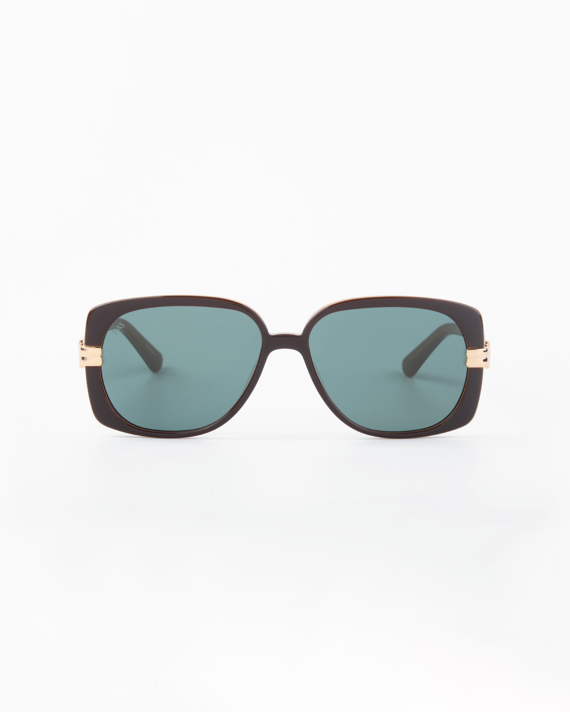 A pair of large, fashionable For Art&#39;s Sake® Icon sunglasses with dark rectangular frames, green-tinted shatter resistant nylon lenses, and gold accents on the temples. Handmade with UVA &amp; UVB-protection, the arms of the sunglasses extend directly back from the hinges against a plain white background.