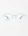 Image of a pair of eyeglasses with a metal frame. The top of the frames is turquoise, and the temples are also turquoise with blue tips. "FOR ART'S SAKE LONDON" is printed on the left lens. These stylish Ivy glasses by For Art's Sake®, designed for both fashion and function, include prescription lenses with a blue light filter. The background is white.