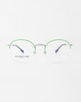 A pair of Ivy eyeglasses with thin, green metal frames and clear lenses featuring a blue light filter. The temples are silver and tipped in black. The brand name "For Art's Sake®" is visible on the left lens. The eyeglasses are set against a plain white background.