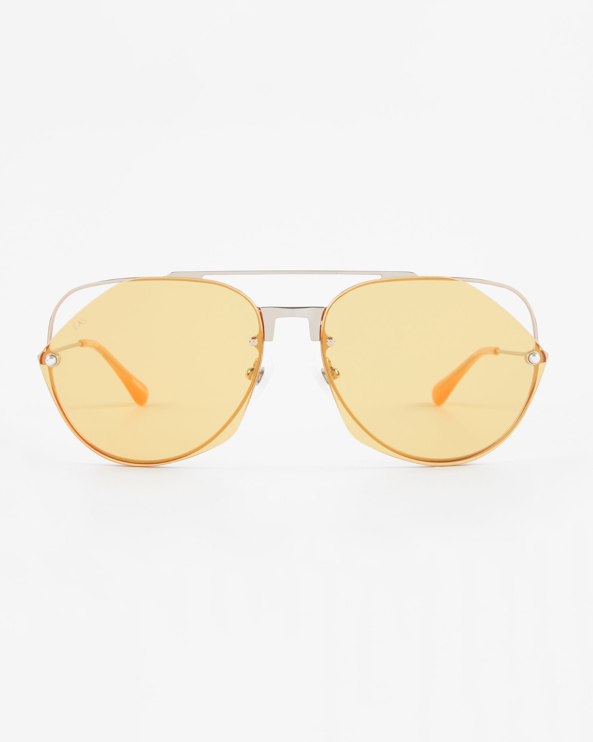 A pair of aviator-style For Art's Sake® Casino sunglasses with yellow-tinted, nylon lenses and thin, metallic frames. The arms of the sunglasses are also yellow and have a sleek design. They offer UV protection and the image features a white background.