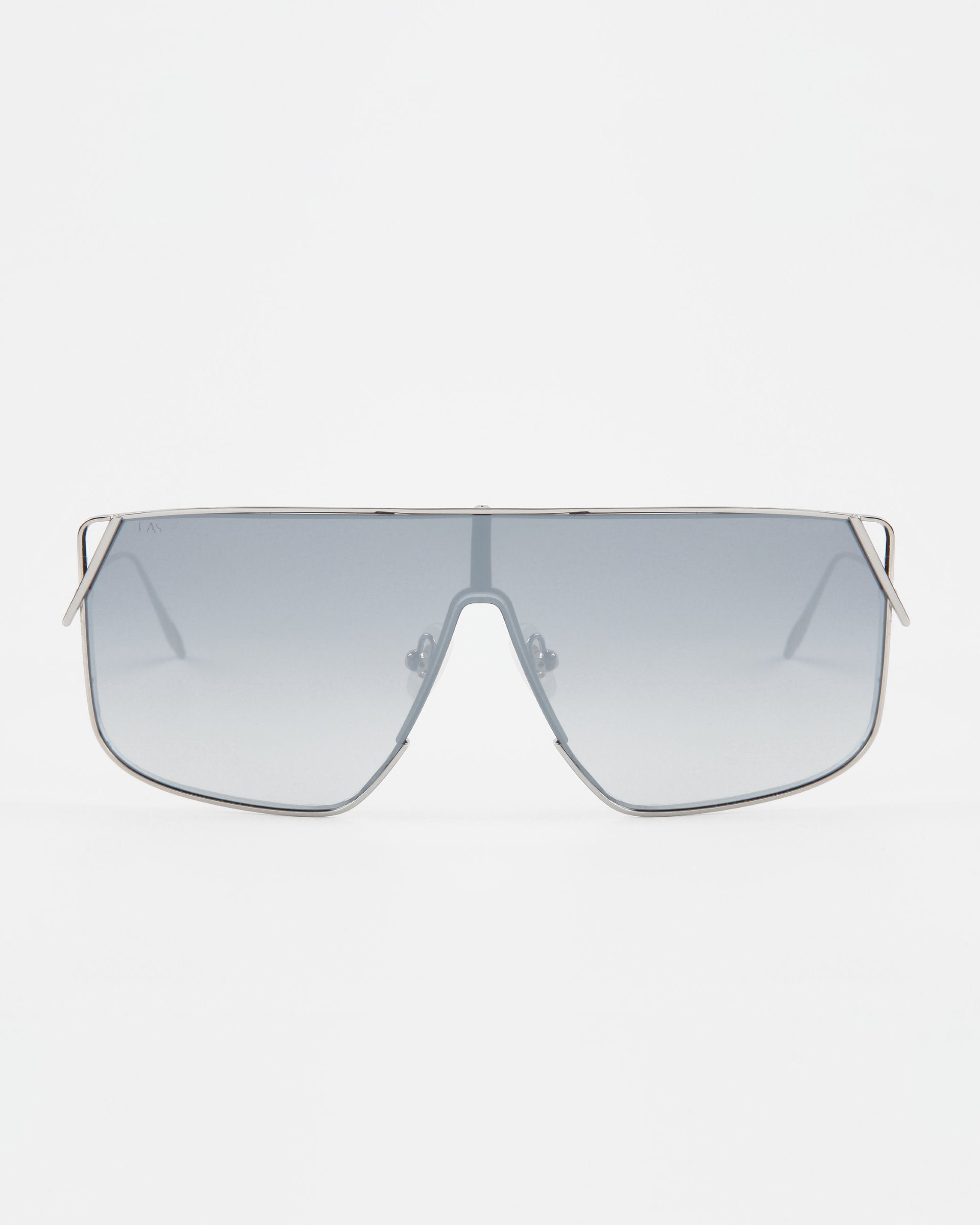 A pair of large, rectangular For Art's Sake® Horizon sunglasses with grey gradient lenses and slender stainless steel frames. The minimalist design features a double bridge, straight temple arms, and adjustable nosepads. These sunglasses offer full UVA & UVB protection on a plain white background.