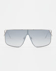 A pair of large, rectangular For Art's Sake® Horizon sunglasses with grey gradient lenses and slender stainless steel frames. The minimalist design features a double bridge, straight temple arms, and adjustable nosepads. These sunglasses offer full UVA & UVB protection on a plain white background.