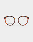 Introducing Jackie by For Art's Sake®: A pair of round, tortoiseshell eyeglasses with golden accents on a white background. Crafted from plant-based acetate, the inside of one temple is inscribed with "For Art's Sake." The frame features a classic design with warm, brown and amber tones.