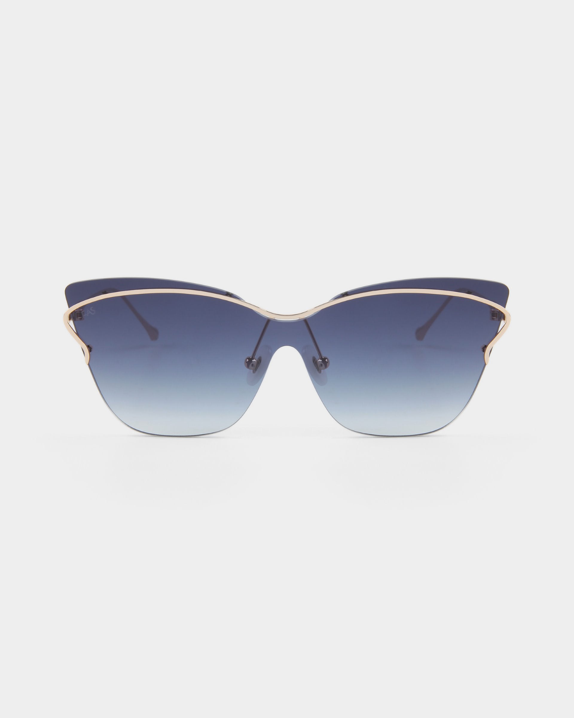 Introducing the For Art&#39;s Sake® Kelly: a pair of stylish cat-eye aviator sunglasses with gradient blue lenses. The frames are metallic gold and thin, and the lenses feature a subtle transition from a darker shade at the top to a lighter shade at the bottom. Perfect for achieving that retro-futuristic style and lounging poolside during your vacation against a plain white background.